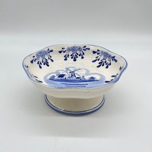 Vintage Delfts Blue by Holland Footed Scalloped Edge Bowl Dutch Windmill 3” Tall